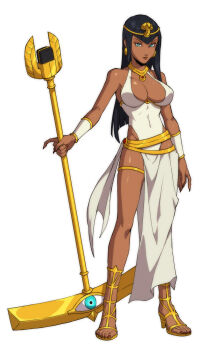  1girl alternate_costume alternate_hair_length alternate_hairstyle ancient_egyptian ancient_egyptian_clothes bad_id bad_pixiv_id black_hair blue_eyes bracer breasts cleavage dark-skinned_female dark_skin dress earrings eliza_(skullgirls) facing_viewer female_focus fingernails full_body ganno high_heels highleg highleg_dress highres jewelry large_breasts long_hair looking_at_viewer microphone_stand necklace sandals sharp_fingernails skullgirls solo tiara white_background white_dress  rating:Sensitive score:52 user:danbooru