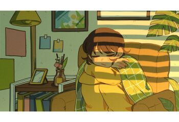  1girl book bookshelf brown_hair closed_eyes closed_mouth commentary_request crossed_arms green_blanket highres knees_up korean_commentary lamp letterboxed original pajamas short_hair sihyun25 sitting solo 