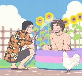  2boys black_shorts blue_sky blush cloud commentary_request earrings facial_hair floral_print flower hair_slicked_back hawaiian_shirt hibiscus_print hose jewelry kasuga_ichiban male_focus male_swimwear mature_male multiple_boys mustache necklace outdoors red_male_swimwear ryuu_ga_gotoku_(series) sandals shirt short_hair shorts sky summer sunflower swim_trunks topless_male wading_pool yuuri_(yuri83) zhao_tianyou 