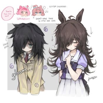  4girls animal_ears bags_under_eyes black_hair blue_eyes blush bow brown_skirt closed_eyes closed_mouth commentary doktahzaki ear_covers english_commentary fake_animal_ears green_eyes hair_between_eyes hair_over_one_eye hairband haru_urara_(umamusume) highres horse_ears horse_girl horse_tail jacket kuroki_tomoko long_hair long_sleeves mihono_bourbon_(umamusume) multiple_girls necktie pink_eyes pink_hair pink_hairband pleated_skirt purple_bow purple_shirt red_necktie rice_shower_(umamusume) sailor_collar shirt short_sleeves skirt tail umamusume watashi_ga_motenai_no_wa_dou_kangaetemo_omaera_ga_warui! white_hairband white_sailor_collar white_skirt yellow_jacket 