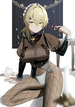  1girl absurdres blonde_hair breasts closed_mouth commentary_request fishnet_pantyhose fishnets foot_out_of_frame girls'_frontline girls'_frontline_2:_exilium green_eyes hair_between_eyes hair_intakes highres juliet_sleeves koucha_kouden large_breasts long_sleeves looking_at_viewer maid_headdress panties panties_over_pantyhose pantyhose pointing pointing_at_self puffy_sleeves sextans_(girls'_frontline_2) solo underwear white_panties 