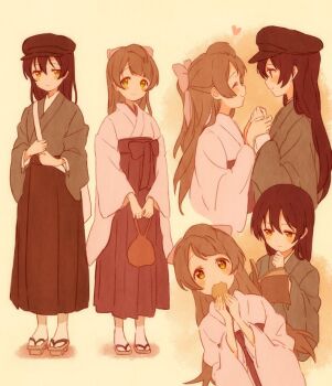  2girls blue_hair blush bow cora_stt eating geta grey_hair hair_between_eyes hair_bow hakama hakama_skirt hat japanese_clothes kimono long_hair love_live! love_live!_school_idol_project minami_kotori multiple_girls one_side_up protected_link reading skirt smile sonoda_umi taishou taishou_era yellow_eyes yuri zori 