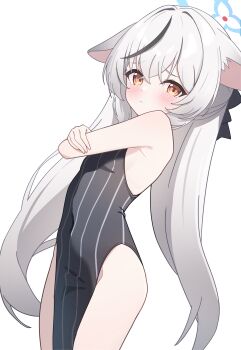 1girl absurdres animal_ears bare_shoulders black_dress black_hair blue_archive blue_halo blush closed_mouth commentary cowboy_shot dress furrowed_brow halo highres kokona_(blue_archive) long_hair looking_at_viewer multicolored_hair nonddu orange_eyes pelvic_curtain simple_background sleeveless sleeveless_dress solo streaked_hair striped_clothes striped_dress two-tone_hair vertical-striped_clothes vertical-striped_dress very_long_hair white_background white_hair rating:Sensitive score:28 user:danbooru