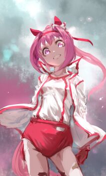  1girl animal_ears bandaid bandaid_on_leg bow breasts buruma ear_bow ear_covers fingerless_gloves flower-shaped_pupils flower_in_eye gloves haru_urara_(bestest_prize)_(umamusume) haru_urara_(umamusume) headband highres horse_ears horse_girl horse_tail inishie_kumo jacket long_hair looking_at_viewer open_mouth pink_buruma pink_eyes pink_hair pink_headband ponytail red_buruma red_gloves red_headband shirt small_breasts solo symbol-shaped_pupils symbol_in_eye tail teeth umamusume white_jacket white_shirt 