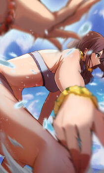  2girls absurdres bikini blue_sky blurry breasts brown_eyes brown_hair cloud commentary_request depth_of_field food-themed_hair_ornament from_below grey_bikini hair_ornament hair_scrunchie harukana_receive higa_kanata highres kootee-on medium_breasts multiple_boys multiple_girls oozora_haruka_(harukana_receive) orange_hair_ornament orange_scrunchie red_scrunchie scrunchie sky swimsuit translation_request water wrist_scrunchie yellow_scrunchie 