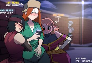  3boys 3girls absurdres blackwhiplash blush boruto:_naruto_next_generations boruto_(series) chronoa crossover dipper_pines dragon_ball gravity_falls highres licking_lips mitsuki_(naruto) multiple_boys multiple_girls naruto_(series) shin_(dragon_ball) tongue tongue_out uchiha_sarada wendy_corduroy  rating:Questionable score:74 user:C4rnitrix_p