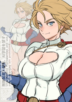  1girl belt blonde_hair blue_eyes breasts cape cleavage commentary_request dc_comics hands_on_own_hips large_breasts mikoyan power_girl short_hair sketch turtleneck 