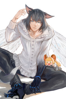  1boy 1girl animal_ears artoria_caster_(fate) artoria_pendragon_(fate) blonde_hair cat_ears cat_tail closed_mouth commentary commentary_request dragonfly_wings english_commentary fate/grand_order fate_(series) green_eyes highres kemonomimi_mode long_sleeves male_focus mixed-language_commentary mouse_ears oberon_(fate) oberon_(third_ascension)_(fate) renrenka_noi shirt simple_background sitting tail tom_and_jerry white_background white_shirt 