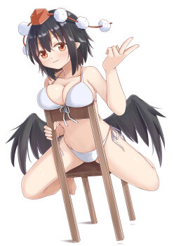  1girl absurdres barefoot bikini bird_wings black_hair black_wings blush breasts chair cleavage closed_mouth collarbone commentary hat highres jiangshibu!@#$ large_breasts light_smile looking_at_viewer on_chair pointy_ears pom_pom_(clothes) red_eyes red_hat shameimaru_aya side-tie_bikini_bottom simple_background sitting sitting_backwards solo stomach swimsuit toes tokin_hat touhou v white_background white_bikini wings 