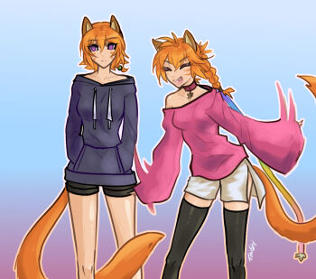  2girls alternate_costume animal_ears black_shorts black_thighhighs braid breasts cat_ears cat_girl cat_tail choker closed_eyes collar collarbone contemporary facepaint facial_mark fang fire_emblem fire_emblem:_path_of_radiance fire_emblem:_radiant_dawn hands_in_pockets happy laguz_(fire_emblem) lethe_(fire_emblem) lyre_(fire_emblem) medium_breasts multiple_girls nintendo orange_hair orange_tail oversized_clothes oversized_sweater pink_choker pink_collar purple_eyes rainbow_ribbon shorts siblings side_slit side_slit_shorts simple_background sisters standing sweater tail thighhighs tonicsky twins waving_arms whisker_markings wide_sleeves zettai_ryouiki 