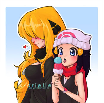  2girls age_difference black_hair blonde_hair blood blue_eyes cynthia_(pokemon) dawn_(pokemon) ehryel food hat heart ice_cream loli multiple_girls nintendo nosebleed onee-loli pokemon scarf watch yuri  rating:Questionable score:16 user:Mr_KaraRocks