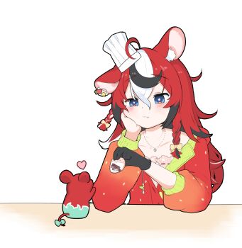  1girl animal_ear_fluff animal_ears black_gloves black_hair blue_eyes blush chef_hat chocolate closed_mouth commentary dot_nose double-parted_bangs english_commentary food gloves hair_between_eyes hakos_baelz hat heart highres holding holding_chocolate holding_food hololive hololive_english long_hair long_sleeves mouse_ears mouse_girl multicolored_hair red_sweater simple_background snowmya solo streaked_hair sweater upper_body valentine virtual_youtuber white_background white_hair 