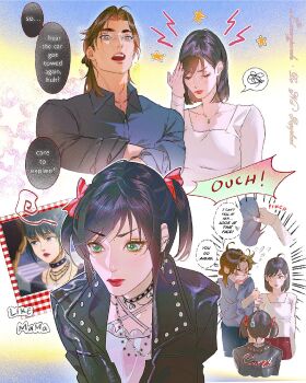  alternate_universe artist_name black_hair black_jacket breasts brown_hair choker closed_eyes collared_shirt couple cowboy_shot crossed_arms earrings english_text eren_yeager facial_scar father_and_daughter flying_sweatdrops furrowed_brow gem glasses green_eyes green_gem grey_shirt hair_between_eyes hair_ribbon half_updo hand_on_own_face hetero highres husband_and_wife if_they_mated imitating jacket jewelry lacampanule leather leather_jacket medium_breasts medium_hair mikasa_ackerman mole mole_under_eye mother_and_daughter multiple_views necklace original pants pinching red_lips red_pants red_ribbon reference_inset ribbon scar scar_on_cheek scar_on_face shingeki_no_kyojin shingeki_no_school_castes shirt short_hair sweatdrop twintails upper_body wavy_mouth white_shirt 