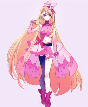  1girl 6npnmcuvsauiemp ankle_boots belt black_belt blonde_hair boots bow braid braided_bangs bridal_gauntlets brooch butterfly_hat_ornament closed_mouth commentary cropped_shirt cure_butterfly earrings elbow_gloves frilled_shirt frills full_body gloves grey_background hand_in_own_hair hat hat_ornament highres hijiri_ageha hirogaru_sky!_precure jewelry long_hair looking_at_viewer magical_girl microskirt mob_cap multicolored_hair navel orange_hair pantyhose pink_boots pink_gloves pink_hat pink_shirt pink_skirt pleated_skirt precure purple_eyes purple_pantyhose red_bow shirt showgirl_skirt simple_background single_leg_pantyhose sketch skirt skirt_bow sleeveless sleeveless_shirt smile solo standing thigh_strap tilted_headwear two-tone_hair very_long_hair wing_brooch 