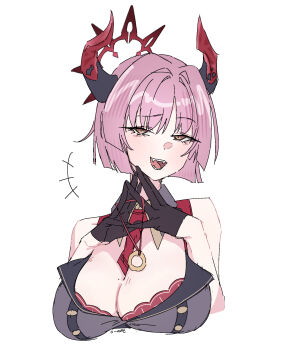  +++ alternate_hair_length alternate_hairstyle bare_shoulders black_gloves blue_archive breasts cleavage commentary_request eyelashes fangs gloves hair_intakes highres horns mole mole_on_breast o_ame_9 open_mouth own_hands_together pink_eyes pink_hair satsuki_(blue_archive) short_hair simple_background smile teeth white_background 