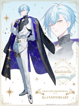  1boy above-cleavage_cutout aiguillette alternate_costume anniversary antenna_hair arm_behind_back belt black_coat black_shirt blue_background blue_coat blue_hair character_name closed_mouth clothing_cutout coat coat_on_shoulders collarbone commentary_request contrast_lapels copyright_name copyright_notice dress_shirt dress_shoes expressionless fragaria_memories full_body gold_trim gradient_background hair_behind_ear hair_between_eyes hand_up highres jacket jewelry klarkstella_(fragaria_memories) lapel_pin lapels long_sleeves looking_at_viewer male_focus mandarin_collar multicolored_hair official_art pants patterned_clothing pink_hair pink_streaks purple_eyes shirt shoes short_hair side_part sideways_glance solo sparkle standing star_(symbol) streaked_hair tassel thighlet two-sided_coat two-sided_fabric ugonba_(howatoro) white_background white_belt white_jacket white_pants white_shoes zoom_layer 