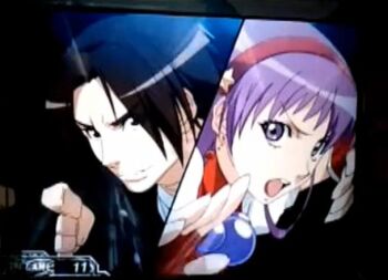  1boy 1girl asamiya_athena brown_hair hair_ornament idol kusanagi_kyou purple_hair snk star_(symbol) star_hair_ornament the_king_of_fighters  rating:General score:0 user:Toraji99