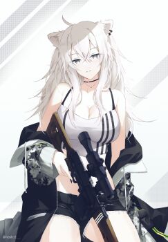  1girl absurdres adapted_costume ahoge animal_ear_piercing animal_ears artist_name bare_shoulders black_choker black_jacket black_shorts black_tank_top breasts camouflage camouflage_jacket choker cleavage clip_available clip_studio_paint_(medium) commentary_request cowboy_shot crop_top diagonal-striped_background grey_background grey_eyes grey_jacket gun hair_between_eyes hand_up highres holding holding_gun holding_weapon hololive jacket jewelry large_breasts lion_ears lion_girl long_hair long_sleeves looking_at_viewer messy_hair multicolored_jacket nash11 necklace off_shoulder open_clothes open_jacket paid_reward_available parted_lips rifle shishiro_botan short_shorts shorts sitting sniper_rifle solo straight-on striped_background tank_top thick_thighs thighs torn_clothes torn_shorts twitter_username two-tone_tank_top virtual_youtuber watermark weapon weapon_request white_background white_hair white_tank_top 