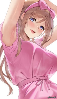 1girl absurdres armpits arms_up blue_eyes bow breasts brown_hair commentary_request deras dress gakuen_idolmaster hair_bow highres himesaki_rinami idolmaster large_breasts long_hair looking_at_viewer open_mouth pink_bow pink_dress simple_background smile solo white_background rating:Sensitive score:24 user:danbooru