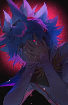  1boy alien_888 antenna_hair belt_pouch blue_hair coat covering_own_eyes covering_own_mouth crying crying_with_eyes_open depressed hair_slicked_back hands_on_own_face headphones high_contrast highres hunched_over leaning_forward long_sleeves male_focus peeking_through_fingers pouch red_background red_eyes scared shoulder_pads sleeves_past_wrists spiked_hair stream teardrop tears upper_body vignetting white_coat yu-gi-oh! yu-gi-oh!_go_rush!! yudias_velgear 