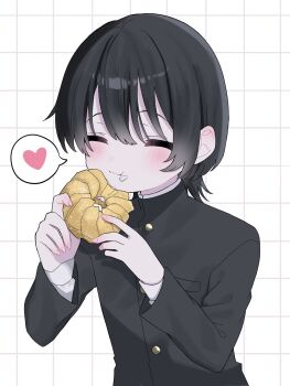  1boy bad_anatomy bad_hands black_hair blush commentary_request donut eating food food_on_face french_cruller gakuran heart highres male_focus nekomimi_hotate original school_uniform short_hair solo spoken_heart upper_body wolf_cut 