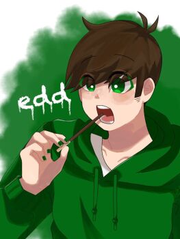  1boy animification antenna_hair bad_id bad_twitter_id blush bright_pupils brown_hair character_name drawstring eating edd_(eddsworld) eddsworld food green_eyes green_hoodie green_nails hair_behind_ear hand_up holding holding_food hood hood_down hoodie jpeg_artifacts long_sleeves male_focus open_mouth pocky short_hair sideburns simple_background solo swept_bangs teru_(teru_0705m) upper_body white_pupils 