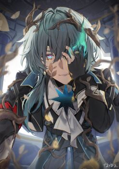  1boy absurdres anaxa_(honkai:_star_rail) aqua_coat aqua_eyes aqua_hair arm_support arm_vines ascot bent_over black_capelet black_corset black_sleeves black_thighhighs bleeding blood blood_drop blood_on_hands bloody_tears blurry blurry_background capelet coat corset cowboy_shot eyepatch flaming_eye gem gloves grey_pants hair_between_eyes hair_intakes hair_over_shoulder hand_on_own_face highres hole_in_chest hole_on_body honkai:_star_rail honkai_(series) jewelry koukai_sita leaf looking_at_viewer low_side_ponytail male_focus medium_hair multicolored_eyes one_eye_covered overgrown pants parted_lips partially_fingerless_gloves pink_eyes plant red_gemstone ring shirt sleeve_cuffs smile solo thighhighs tree_horns two-tone_eyes vines white_ascot white_shirt wide-eyed yellow_blood 