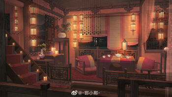  architecture bamboo_screen cabinet carpet chair cup curtains cushion east_asian_architecture hanxiaodan indoors lake lantern lattice lovebrush_chronicles night no_humans official_art plant potted_plant railing scenery see-through_curtains stairs table teapot vase watermark weibo_watermark window zaisu 
