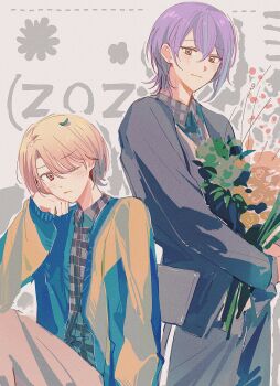  2boys blonde_hair blush bouquet closed_mouth elbow_on_knee flower gradient_hair head_on_hand highres holding holding_bouquet kamishiro_rui long_sleeves looking_at_viewer male_focus multicolored_hair multiple_boys one_eye_closed project_sekai purple_hair smile tenma_tsukasa uvu_ghost yellow_eyes 