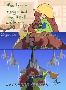  1girl absurdres big_hair breasts brown_hair bulldozer centurii-chan commentary dump_truck engineer_(centurii-chan) english_commentary english_text excavator f-35_lightning_ii formal_clothes front-end_loader hair_over_one_eye hard_hat helmet highres large_breasts lockheed_martin motor_vehicle necktie original sleeves_past_wrists suit toy truck yellow_eyes 