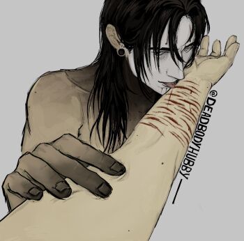 1boy 1other black_hair colored_extremities deadbodyhubby dirty_hands earrings highres jewelry licking_another's_arm long_hair messy_hair original outstretched_arm pov pov_hands self-harm tongue tongue_out topless_male wrist_cutting 