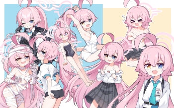  >_< 1girl :< absurdres abydos_high_school_swimsuit ahoge ass bandages barefoot black_buruma black_gloves black_one-piece_swimsuit black_skirt blue_archive blue_eyes blue_necktie blush bow_camisole breasts bulletproof_vest buruma camisole collared_shirt commentary commentary_request competition_school_swimsuit constricted_pupils covered_navel covering_breasts covering_privates english_commentary fingerless_gloves flying_sweatdrops gloves grin halo heterochromia highres hoshino_(armed)_(blue_archive) hoshino_(blue_archive) long_hair looking_at_viewer multiple_views mummy_costume naked_bandage necktie official_alternate_costume one-piece_swimsuit one_eye_closed open_mouth panties pink_hair pink_halo plaid_clothes plaid_skirt pleated_skirt ponytail puffy_short_sleeves puffy_sleeves school_swimsuit shirt short_hair short_sleeves sitting skirt small_breasts smile swimsuit toes topless_female underwear undressing wariza white_camisole white_panties white_shirt xtacy yellow_eyes 