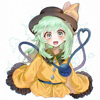  1girl :d black_hat bow buttons contrast_collar cropped_torso diamond_button frilled_shirt_collar frilled_sleeves frills green_eyes green_hair hat hat_bow heart heart_of_string highres komeiji_koishi light_blush long_hair long_sleeves open_mouth pamer_o pink_pupils shirt simple_background sleeves_past_fingers sleeves_past_wrists smile solo third_eye touhou white_background yellow_bow yellow_shirt 