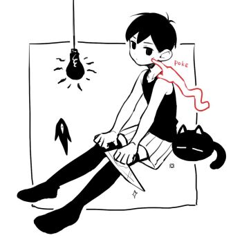  1boy animal annoyed antenna_hair bare_arms bare_shoulders cat closed_mouth collarbone commentary_request double-parted_bangs empty_eyes english_text finger_to_another's_cheek greyscale hair_behind_ear hair_between_eyes hands_on_own_knees high_contrast holding holding_knife inset_border kitchen_knife knife light_bulb looking_at_viewer male_focus mewo monochrome no_pupils no_shoes omori over-kneehighs pinstripe_shorts short_hair shorts simple_background solo something_(omori) sparkle spot_color tank_top thighhighs toastytoast very_short_hair white_background 