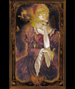  1girl artist_request beatrice_(umineko) black_background blonde_hair blue_eyes border bow braid bug butterfly choker crown_braid flower formal_clothes frilled_choker frilled_sleeves frills highres holding holding_smoking_pipe insect juliet_sleeves kiseru lips long_sleeves looking_at_viewer non-web_source ornate_border pale_skin puffy_sleeves red_bow rose short_hair sidelocks smoking_pipe solo source_request umineko_no_naku_koro_ni wide_sleeves yellow_butterfly 