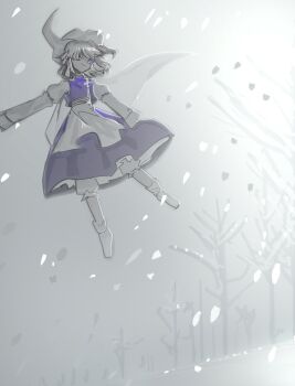  1girl apron blue_eyes blue_skirt blue_vest commentary_request flying highres ichirugi letty_whiterock one_eye_covered skirt snowing solo touhou triangular_headpiece vest waist_apron white_hair 