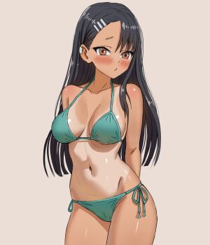  1girl arms_behind_back bikini black_hair blush breasts brown_eyes cleavage green_bikini highres ijiranaide_nagatoro-san josival large_breasts legs long_hair looking_at_viewer nagatoro_hayase navel puckered_lips side-tie_bikini_bottom sideboob solo swimsuit tan tanline thighs toned 