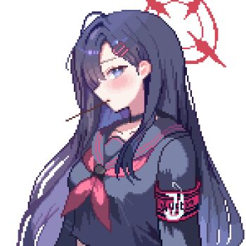  1girl armband black_choker black_hair black_sailor_collar black_shirt blue_archive blush breasts choker closed_mouth collarbone commentary_request food_in_mouth grey_eyes hair_ornament hairclip halo ichika_(blue_archive) long_hair looking_at_viewer medium_breasts mouth_hold neckerchief pixel_art pocky_day purple_hair red_neckerchief safety_pin sailor_collar school_uniform serafuku shirt simple_background solo tinia_etru unusually_open_eyes upper_body very_long_hair white_background 