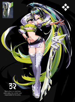  1girl absurdres asymmetrical_legwear belt black_background breasts chelsea_du full_body highres ishu_tani medium_breasts navel original photo-referenced solo sword thighhighs underboob weapon 