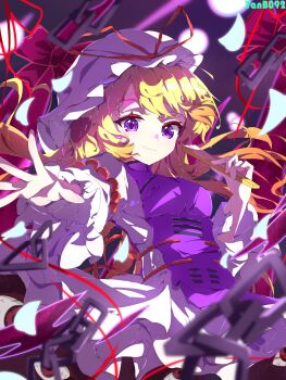  1girl absurdres artist_name blonde_hair blurry breasts chain chinese_commentary closed_mouth commentary_request depth_of_field dress folded_fan folding_fan frilled_dress frills gap_(touhou) hand_fan hat hat_ribbon highres holding holding_fan long_hair looking_at_viewer mob_cap purple_eyes purple_tabard red_ribbon ribbon smile solo tabard touhou white_hat yakumo_yukari yanb.cy_0kb 