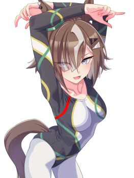  1girl alternate_costume animal_ears arms_up blue_eyes blush breasts brown_hair collarbone commentary_request fang hair_over_one_eye highres hokuyukis horse_ears horse_girl horse_tail leotard long_sleeves looking_at_viewer medium_breasts multicolored_hair multicolored_leotard open_mouth pantyhose rulership_(umamusume) short_hair simple_background skin_fang smile streaked_hair tail umamusume white_background white_pantyhose 