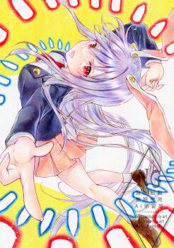  1girl alto2019 animal_ears black_jacket blazer brown_shoes collared_shirt commentary_request crescent crescent_pin danmaku highres jacket long_hair long_sleeves looking_at_viewer necktie open_mouth pink_skirt purple_hair rabbit_ears rabbit_girl rabbit_tail red_eyes red_necktie reisen_udongein_inaba sample_watermark shirt shoes signature skirt socks solo tail touhou very_long_hair watermark watermark_grid white_shirt white_socks 