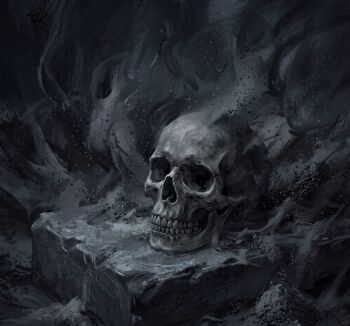  commentary disintegration dqreaper english_commentary eurys_of_the_nine no_humans no_lineart object_focus painterly realistic shadow_slave skeleton skull smoke solo still_life 