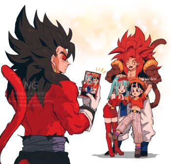 2boys 2girls biceps blue_eyes blue_sash body_fur bra_(dragon_ball) child dragon_ball dragon_ball_gt dragon_ball_heroes earrings gogeta gogeta_(xeno) grandfather_and_granddaughter highres jewelry metamoran_vest monkey_boy monkey_tail multiple_boys multiple_girls muscular muscular_male no_nipples pan_(dragon_ball) pants pectorals potara_earrings red_fur red_hair relio_db318 sash simple_background smile spiked_hair super_saiyan super_saiyan_4 tail vegetto vegetto_(xeno) veins veiny_hands white_pants 