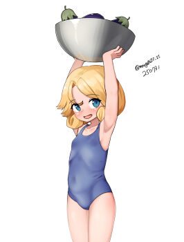  1girl absurdres arms_up blonde_hair blue_eyes blue_one-piece_swimsuit bowl carrying commentary_request covered_navel cowboy_shot dated eggplant flat_chest highres janus_(kancolle) kantai_collection looking_at_viewer maru_(marg0613) new_school_swimsuit one-hour_drawing_challenge one-piece_swimsuit open_mouth parted_bangs school_swimsuit short_hair simple_background solo standing swimsuit white_background 