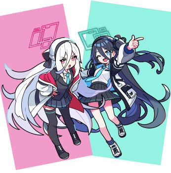  2girls absurdly_long_hair ankle_socks aqua_halo aris_(blue_archive) arm_up black_bow black_hair black_hairband black_shoes black_skirt blue_archive blue_background blue_eyes blue_jacket blue_necktie bow collared_shirt commentary_request full_body hair_between_eyes hair_bow hairband halo highres jacket kei_(blue_archive) leaning_forward long_hair long_hair_between_eyes long_sidelocks looking_at_viewer millennium_science_school_logo multicolored_jacket multiple_girls necktie one_eye_closed one_side_up open_clothes open_jacket open_mouth pink_background pink_eyes pink_halo pink_jacket pleated_skirt pointing poipoi_v_game rectangular_halo red_halo ringed_eyes shirt shoes sidelocks simple_background skirt socks square_hair_ornament thighhighs tie_clip two-tone_jacket very_long_hair white_background white_hair white_jacket white_shirt white_shoes 
