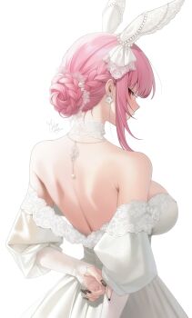  1girl absurdres alternate_costume animal_ears arm_behind_back back backless_dress backless_outfit bare_shoulders black_nails braid braided_bun breasts choker commentary dress earrings english_commentary fake_animal_ears flower_earrings from_behind glance hair_bun highres hololive hololive_english jewelry juliet_sleeves lace lace-trimmed_dress lace_trim large_breasts long_sleeves looking_at_viewer looking_back median_furrow mori_calliope nail_art off-shoulder_dress off_shoulder oikomia pink_eyes pink_hair puffy_sleeves short_hair simple_background single_hair_bun sleeves_past_wrists solo strapless strapless_dress virtual_youtuber wedding_dress white_choker white_dress 
