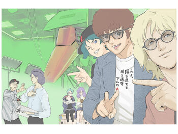 2girls 5boys :p actor amuro_ray arguing behind_the_scenes blonde_hair blue_hair brown_hair char_aznable commentary_request director ebba four_murasame glasses gundam hat jacket kamille_bidan lamp mullet multiple_boys multiple_girls one_eye_closed paptimus_scirocco pointing pointing_at_another purple_hair quattro_bajeena reading real_life rosamia_badam script sitting sunglasses tomino_yoshiyuki tongue tongue_out v zeta_gundam