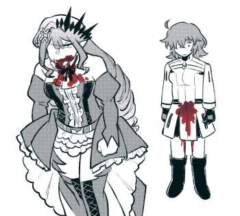  2girls ahoge anger_vein angry annoyed baobhan_sith_(fate) baobhan_sith_(first_ascension)_(fate) bare_shoulders black_gloves blood blood_on_clothes blood_on_face blood_on_leg blood_on_mouth boots breasts center_frills detached_sleeves dress fate/grand_order fate_(series) frilled_dress frills fujimaru_ritsuka_(female) fujimaru_ritsuka_(female)_(decisive_battle_chaldea_uniform) gloves highres jacket long_hair long_sleeves medium_hair multiple_girls pointy_ears short_hair sidelocks thigh_boots tiara vincent-san white_dress white_jacket 