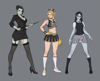  3girls black_bow black_hair black_jacket black_sclera black_shirt black_shoes black_skirt black_socks black_thighhighs black_vest blonde_hair blue_eyes bow breasts bulge cheerleader choker collared_shirt colored_sclera colored_skin commentary crop_top dress_shirt earrings english_commentary erection flaccid full_body futanari garter_straps glasses green_skin grey_background grey_skin grey_skirt grin hair_bow hair_bun hand_on_own_hip high_heels highres holding holding_pointer jacket jewelry kneehighs large_breasts large_penis legs_apart looking_at_viewer looking_to_the_side medium_breasts midriff miniskirt multiple_girls navel original parted_bangs parted_lips pencil_skirt penis pleated_skirt pointer pom_pom_(cheerleading) precum pumps school_uniform shirt shoes short_sleeves simple_background single_hair_bun sketch skirt small_breasts smile sneakers socks standing stud_earrings suit_jacket sweatband tarakanovich testicles thighhighs three-quarter_sleeves uncensored veins vest white_shirt white_shoes white_socks wristband yellow_eyes 